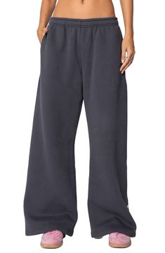 Sweet and cozy, these bow-detailed sweatpants feature a relaxed, slouchy fit with wide legs, a low-rise waist and a soft cotton-blend fabrication that'll keep you ultracomfy. Elastic waist Side-seam welt pockets 50% cotton, 50% polyester Machine wash, dry flat Imported Brandy Wide Leg Sweatpants, Wide Leg Grey Sweatpants, Sweet Pants Outfits, Dark Blue Sweatpants Outfit, Wish List Clothes, Fits For School Comfy, Sweat Pants Wide Leg, Girlboss Outfits, Sweatpant Sets