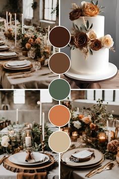 the wedding cake is decorated with flowers and candles, along with other desserts on the table