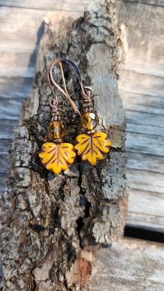 Just love these pumpkin-colored maple leaf Czech glass earrings!  Perfect for autumn or winter. I've paired the leaves with amber faceted glass beads and tiny copper accent beads.  The Czech glass leaves have rich coffee-colored highlights.  Gorgeous!  The petite earrings are just shy of 1 3/4 inches in length, including the copper hooks.  Great accessory for casual or work outfits.  Versatile. Unique design. Lightweight. Smoke-free artist studio. Autumn Earrings, Petite Earrings, Earrings Nature, Pumpkin Colors, Orange Leaf, Fall Earrings, Colored Highlights, Coffee Colour, Faceted Glass