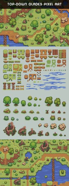 the top down pixel art is shown with trees and bushes in different stages of development