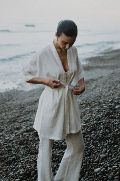 Bali White Robe + Cove Pant in Linen Cotton Linen Bottoms, Linen Loungewear