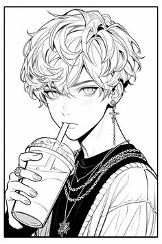 an anime character holding a drink in one hand and looking to the side with his mouth open