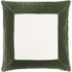 a green and white pillow with a square frame on the front, along with an embroidered border