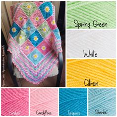 a crocheted blanket with flowers on it and the words spring green, white, citron