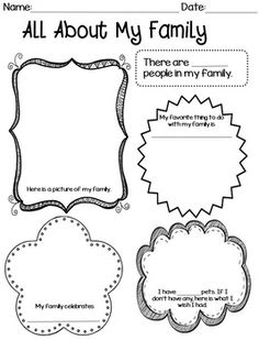 an all about my family worksheet with four different shapes and words on it