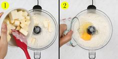 two pictures showing how to make an egg and cheese mixture in a blender with ingredients