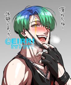 an anime character with green and blue hair holding his hand up to his face while wearing black