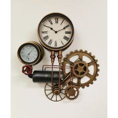 there is a clock with gears attached to it