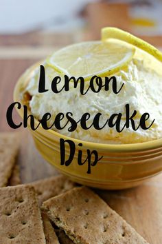 lemon cheesecake dip in a yellow bowl with crackers