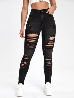 Black  Collar  Denim Plain Skinny Embellished High Stretch  Women Denim Womans Ripped Jeans, Black Ripped Jeans Women, Black Torn Jeans Outfit, Black Ripped Jeans Aesthetic, Dark Ripped Jeans Outfit, Black Ripped Jeans Outfit Baddie, Things To Wear With Black Jeans, Ripped Jeans Outfit Black, Ripped Black Jeans Outfit