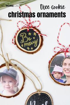 three christmas ornaments with the words be merry on them and an ornament hanging from strings