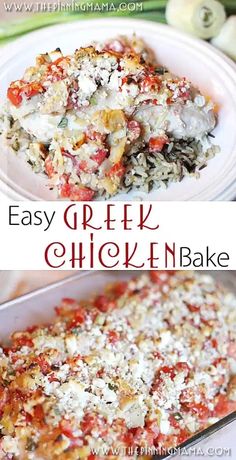 an easy greek chicken bake with tomatoes and cheese on top is ready to be eaten