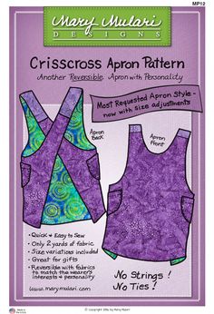 the crisscross apron pattern is shown in purple and green, with an open back