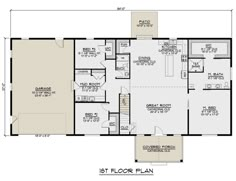 the first floor plan for a house with two bedroom and an attached garage, as well as