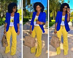 Yellow Dress Pants Outfit Women, Mustard And Blue Outfit, Frat Photoshoot, Blue And Yellow Outfit Ideas, Yellow And Blue Outfits, Black Yellow Outfit, Royal Blue Pants Outfit, Blue And Yellow Outfit, Yellow Outfit Ideas