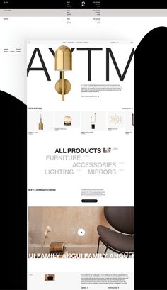 the homepage for an interior store is shown in black and white, with gold accents