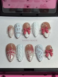 Long almond white & pink holiday set - textured snow details - medium size, ~1 inch length  - painted bow charms & pearls Christmas Kawaii Nails, Coquette Christmas Nails, Pink Christmas Nails Almond, Girly Christmas Nails, Snow Nails, Snowman Nails, Nail Aesthetic, Long Almond, Coquette Christmas