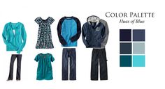 the color palette includes blue, black and white clothing for men's and women's wear