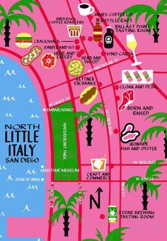 a map of the north little italy san diego area with palm trees, hotdogs, pizza and more