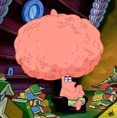 a cartoon character sitting in front of a pile of books with an enormous brain on it's head