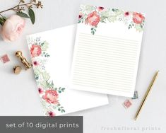 two sheets of paper with flowers on them next to a pen and flower clipboard