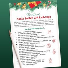 a christmas wish list with a pen on top of it next to a sheet of paper that says, santa switch gift exchange