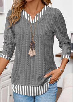 Color:Grey;Size:S;Size:M;Size:L;Size:XL;Size:XXL;Package Contents:1 X Fake Two Piece Twinset;Occasion:Other;Style:Casual; Elegant Dresses Plus Size, Ideas Clothes, Boutique Style Outfits, Womens Sweaters, Older Fashion, Clothes Rack, Beautiful Clothes, Plus Size Womens Clothing, Plaid Tops