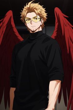 an anime character with large red wings on his head and black shirt, standing in front of a dark background