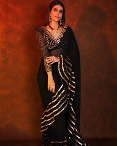 Black Saree Look, Karishma Tanna, Blouse Designs High Neck, Sparkle Outfit, Indian Saree Blouses Designs, Saree Designs Party Wear, Embroidered Saree, Saree Blouse Designs Latest, Designer Saree Blouse Patterns