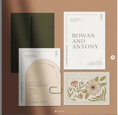 an assortment of wedding stationery items displayed on a brown and green background with the words rowan and antony