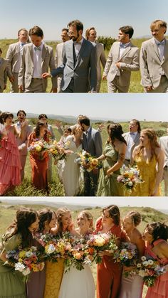 two pictures of people standing in front of each other and one is holding a bouquet