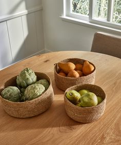 three baskets filled with fruit sitting on top of a wooden table next to a window