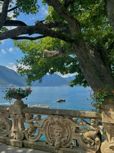 a balcony overlooking the water with flowers and trees