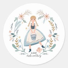 a round sticker with an illustration of a girl in a dress and flowers around her