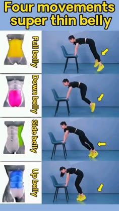 the four movements of a man doing push ups on a chair with different colors and shapes