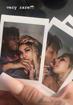 someone holding up three polaroids with the same image on them, and two people kissing each other