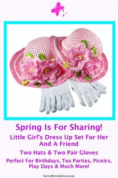 Weather is starting to warm up and it is the perfect time to treat your little girl to an extraordinary treat of this 2 pink hats and 2 pair of long white gloves set.  This set is perfect for two girls to go out and play tea party, picnic or any other play their imagination can come up with.  This set is stylish, comfortable and affordable.  Get yours today! Tea Party Picnic, Pink Hats, Pink Hat, Play Set