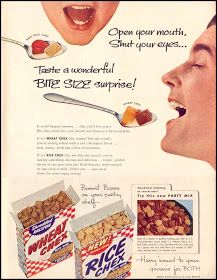 an old advertisement for rice krispy kreme cereal with a woman eating it