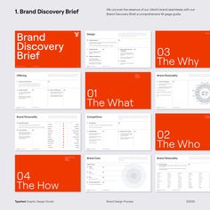 the brand discovery brief is shown in red and white, with different font styles on it