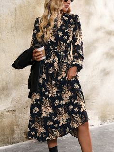 Women's Elegant Floral Print Dress, Fall/Winter Fall Women Dresses Multicolor Boho  Long Sleeve Woven Fabric Floral,Plants,All Over Print A Line Non-Stretch  Women Clothing, size features are:Bust: ,Length: ,Sleeve Length: Boho Midi Dress Fall, Fall Women Dresses, Black Long Sleeve Dress With Floral Print, Casual Long Sleeve Maxi Dress For Fall, Casual Long Sleeve Knee-length Winter Dress, Non-stretch Knee-length Maxi Dress For Fall, Casual Long Sleeve Floral Dress For Winter, Casual Black Long Sleeve Dress For Fall, Fall Floral Print Long Sleeve Maxi Dress