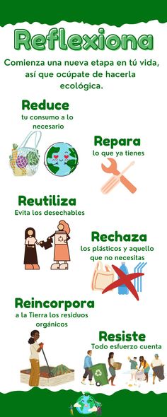 Reflexión del medio ambiente y conciencia ambiental, rrr, reducir, reusar y reciclar Learning Spanish Vocabulary, Spanish Teaching Resources, Spanish Vocabulary, Spanish Class, Environmental Issues, Teaching Spanish, English Class, Green Life