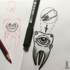 two drawings on paper, one with an eye and the other with a toothbrush