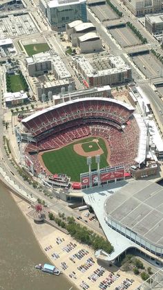 an aerial view of a baseball stadium and parking lot