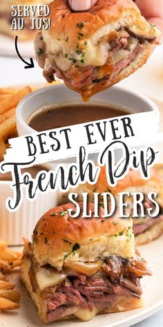 two photos of roast beef sliders, one on a plate, and one being dipped into a cup of jus. text reads "Best Ever French Dip Sliders" and "served au jus!" Roast Beef French Dip, Roast Beef Sliders Recipes, Rolled Roast Beef, Horseradish Mayo, French Dip Sliders, Sliders Recipes Beef, Sliders Recipes Hawaiian Rolls, Beef Au Jus, Tender Roast Beef