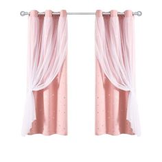 two pink curtains hanging from a metal rod