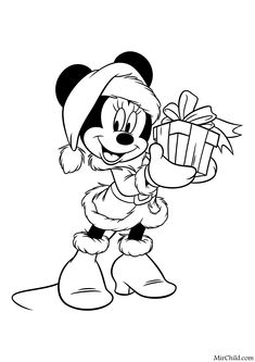 minnie mouse holding a gift box and wearing a santa claus hat coloring pages for kids