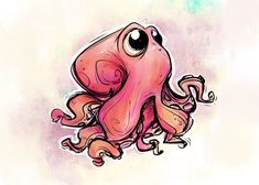 an illustration of a pink octopus with black eyes