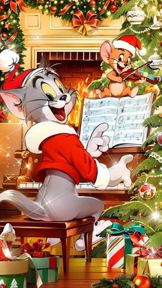 a cartoon mouse playing the piano in front of a christmas tree