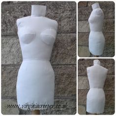 three photos of a mannequin made out of white paper with buttons on it