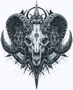 a drawing of a horned skull with horns on it's head and an inverted design